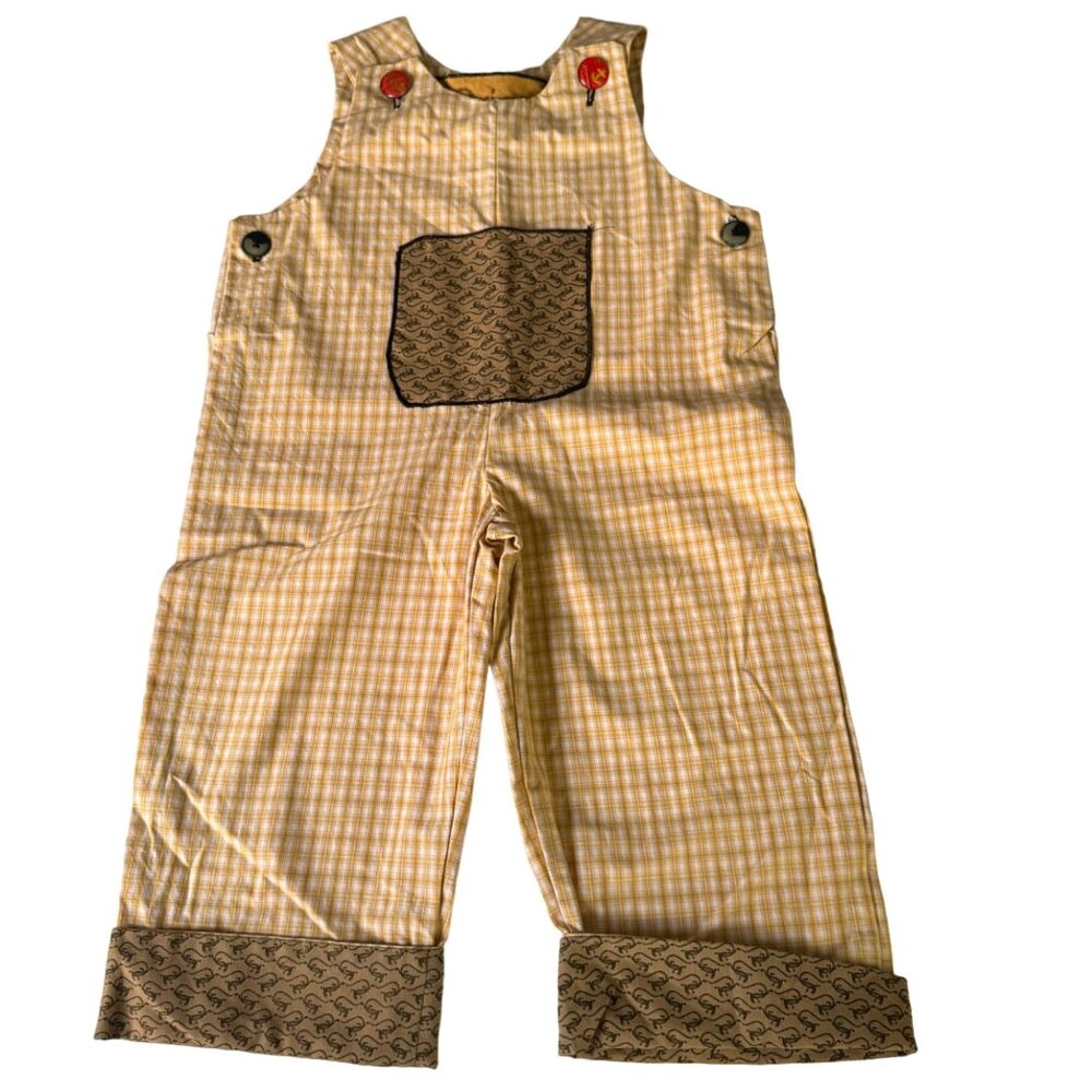 Vintage Quist Kid's Overalls Jumper Yellow Gingham Anchor Buttons Pocket 12-18mo